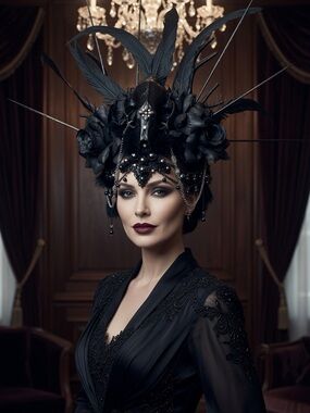 Gothic Black Feathered Headpiece with Beaded Accents